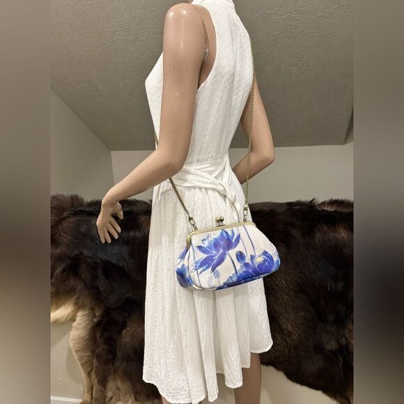 Vintage Style Handmade Cowhide Leather Lotus Print Kisslock Purse, Multi Use Bag - Picture 5 of 13